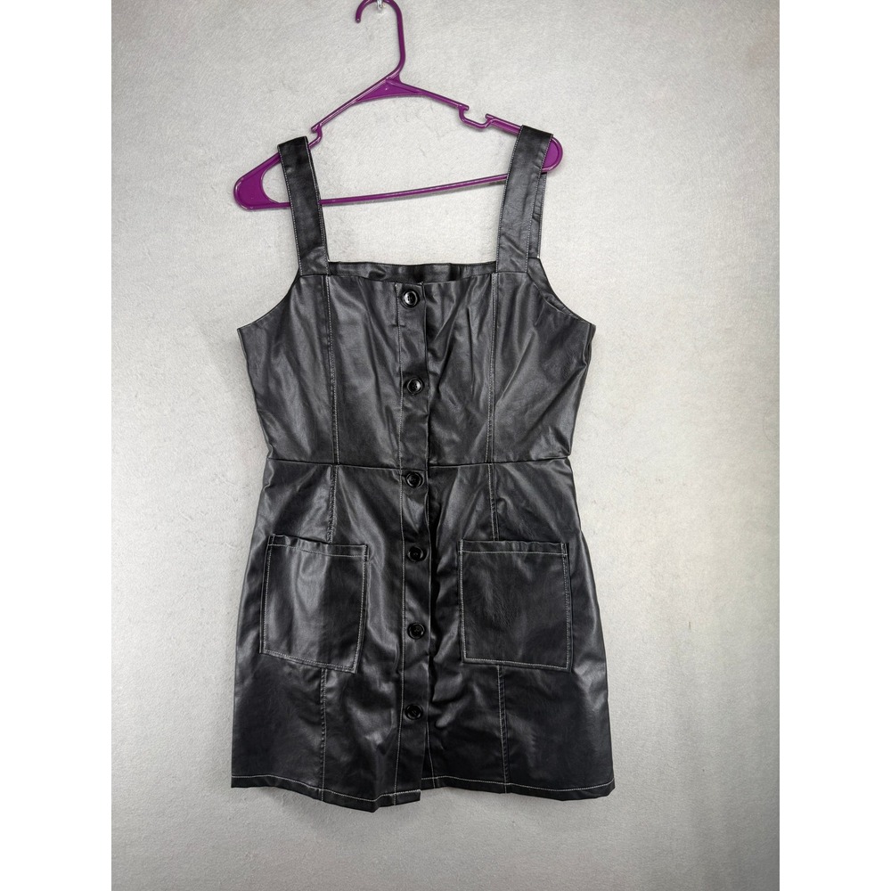 Reclaimed Vintage Black Faux Leather Button Front Mini Pinafore Dress Size US 10